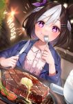  +_+ 1girl :t amahara_pekozaemon animal_ears bangs blue_jacket blurry blurry_background blush braid brown_hair buttons closed_mouth collared_shirt commentary_request depth_of_field detached_sleeves ear_ribbon eating eyebrows_visible_through_hair food fork hair_between_eyes highres holding holding_fork holding_knife horse_ears horse_girl indoors jacket knife long_sleeves looking_at_viewer multicolored_hair open_clothes open_jacket purple_eyes purple_ribbon ribbon shirt short_hair smile solo special_week_(umamusume) steak two-tone_hair umamusume upper_body wavy_mouth white_hair white_shirt 