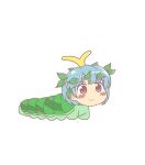  1girl anonymous_(japanese) antennae aqua_hair blush brown_eyes caterpillar closed_mouth eternity_larva eyebrows_visible_through_hair gyate_gyate human_head jaggy_lines leaf leaf_on_head short_hair smile solo too_literal touhou transparent_background 