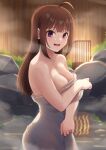  1girl ahoge bangs breasts brown_hair cleavage commentary_request eyebrows_visible_through_hair from_side idolmaster idolmaster_million_live! idolmaster_million_live!_theater_days kamille_(vcx68) large_breasts light_blush long_hair looking_at_viewer looking_to_the_side medium_breasts naked_towel onsen open_mouth purple_eyes smile solo standing towel wooden_wall yokoyama_nao 