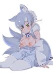  1girl animal_ear_fluff animal_ears bangs breasts commentary eyebrows_visible_through_hair fur_collar green_eyes grey_hair hair_between_eyes hand_on_own_chest highres japanese_clothes kemono_friends kimono kimono_pull large_breasts makami_(kemono_friends) masuyama_ryou multiple_tails nipples off_shoulder pantyhose ribbon-trimmed_sleeves ribbon_trim sidelocks simple_background sitting smile solo tail white_background white_legwear wolf_ears yokozuwari 