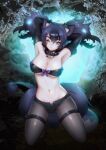  1girl absurdres animal_ear_fluff animal_ears aqua_eyes armpits arms_behind_head arms_up bangs beltbra big_hair black_collar black_hair black_legwear black_shorts bone_necklace bow breasts buttons cerberus_(kemono_friends) cleavage closed_mouth collar cutoffs detached_sleeves dog_ears facial_mark full_body fur glowing glowing_hair groin hair_between_eyes hair_rings highres kemono_friends kemono_friends_3 kneeling large_breasts legs_apart legwear_under_shorts light_smile long_tail looking_at_viewer lowleg lowleg_shorts micro_shorts multicolored_hair navel nelly_(altsarespicy) one_eye_closed open_clothes open_fly open_shorts pantyhose parted_bangs purple_hair shiny shiny_hair shorts solo spiked_collar spikes stomach strapless tail thigh_strap tube_top two-tone_hair two_side_up unbuttoned underboob 