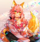 1girl animal_ear_fluff animal_ears artist_name bangs black_hairband black_legwear blush bow bra breasts bubble cleavage commentary_request eyebrows_visible_through_hair fang fang_out fate/extra fate/extra_ccc fate_(series) fox_ears fox_girl fox_tail hair_between_eyes hairband hood hoodie indian_style instagram_username jewelry large_breasts light_rays lips long_hair long_sleeves looking_at_viewer mixed-language_commentary necklace open_clothes open_hoodie pink_bra pink_hair pink_hoodie sidelocks sitting solo spring_casual striped striped_hoodie tail tamamo_(fate) tamamo_no_mae_(fate/extra) twitter_username underwear watermark wavy_hair white_bow xionfes yellow_eyes zipper 