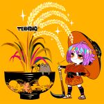  1girl bowl bowl_hat frog hand_on_hip hat japanese_clothes kimono kurodani_yamame_(spider) leaf maple_leaf moon obi purple_hair red_eyes red_kimono sandals sash scythe short_hair solo sukuna_shinmyoumaru touhou wheat yt_(wai-tei) 