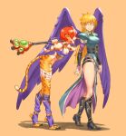  2girls absurdres angel_wings animal_ears animoose black_wings blonde_hair boots breath_of_fire breath_of_fire_ii bridal_gauntlets cat_ears cat_girl cat_tail dress feathered_wings highres knee_boots long_legs multiple_girls nina_(breath_of_fire_ii) purple_wings rinpoo_chuan short_hair side_slit tail thighs wings 