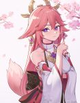  1girl amco animal_ears bare_shoulders fox_ears fox_tail genshin_impact hair_ornament hair_over_one_eye highres japanese_clothes miko pink_hair purple_eyes solo tail wide_sleeves yae_(genshin_impact) 