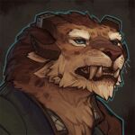  1:1 2017 brown_body brown_fur bust_portrait charr clothed clothing fangs felid fur green_eyes guild_wars horn low_res male mammal multi_ear portrait rorik_ironwill snowskau solo teeth video_games 