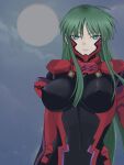  1girl bangs breasts covered_nipples expressionless eyebrows_behind_hair fortified_suit ginrei_(ginrei_ginrei) green_eyes green_hair highres large_breasts long_hair looking_at_viewer moon muvluv muvluv_alternative_(anime) night night_sky pilot_suit skin_tight sky solo tsukuyomi_mana 