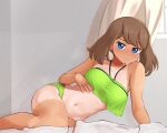  1girl arm_support bangs bare_arms blue_eyes blush breasts brown_hair closed_mouth collarbone commentary_request curtains eyebrows_visible_through_hair green_swimsuit highres indoors looking_at_viewer may_(pokemon) medium_hair midriff mockingeu navel pokemon pokemon_(anime) pokemon_rse_(anime) smile solo swimsuit tan tanlines window 