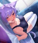  1girl :d ahoge animal_ears breasts cat_ears cat_tail cleavage commentary_request fang frikulu from_above highres hololive large_breasts looking_at_viewer nekomata_okayu one-piece_swimsuit open_mouth purple_eyes purple_hair short_hair smile solo swimsuit tail thighhighs virtual_youtuber white_legwear 
