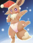  blush bunnag chest_tuft christmas christmas_clothing christmas_headwear clothed clothing eevee female flat_chested hat headgear headwear hi_res holidays nintendo nipples on_one_leg panties pawpads paws pok&eacute;mon pok&eacute;mon_(species) purple_eyes santa_hat semi-anthro simple_background snow solo standing thick_thighs topless tuft underwear video_games 
