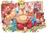  3boys alpha_transparency ammami8 baby baby_bottle bag bara bare_arms bare_pectorals bare_shoulders barefoot belly block blonde_hair bottle box brown_hair cardboard_box cherry_blossoms eyebrow_cut flower gakuran gouki_(housamo) gradient_hair hair_horns large_pectorals long_sideburns male_focus motosumi_(housamo) multicolored_hair multiple_boys muscular muscular_male naked_towel official_art pants pectorals plump red_pants school_bag school_uniform short_hair sideburns smile thick_eyebrows tokyo_afterschool_summoners towel towel_around_neck transparent_background two-tone_hair vajra_(object) zenki_(housamo) 