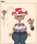  anthro big_breasts big_butt bottomwear breasts butt clothed clothing denim denim_clothing elemental_creature eyebrows eyes_closed female flora_fauna fungus hi_res information jeans kouh measuring mushroom nipples pants plant red_nipples shirt smile solo topwear white_body 