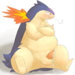  anus ball blush bodily_fluids bunnag crossed_arms cum fire genital_fluids genitals hi_res looking_away male nintendo penis pok&eacute;mon pok&eacute;mon_(species) red_eyes simple_background sitting solo spread_legs spreading tapering_penis typhlosion video_games white_background 