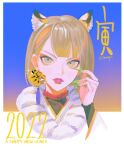  1girl animal_ears bangs dekooop earrings eyebrows_visible_through_hair eyeshadow green_eyes green_nails happy_new_year highres jewelry light_blush lips lipstick looking_at_viewer makeup mole mole_under_eye nail nail_polish necklace new_year orange_hair short_hair simple_background solo tiger_ears upper_body 