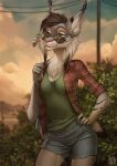  2015 anthro biped bottomwear brown_hair clothed clothing detailed_background eyewear felid feline female fur glasses hair lynx mammal open_clothing open_shirt open_topwear outside shirt short shorts solo topwear wildering 