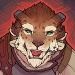  1:1 2017 brown_body brown_fur charr fangs felid fur green_eyes guild_wars headshot_portrait horn looking_at_viewer male mammal object_in_mouth open_mouth portrait rorik_ironwill screw snowskau video_games 