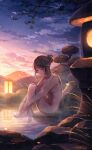  1girl absurdres barefoot blush brown_eyes brown_hair closed_mouth cloud collarbone hair_bun highres lantern leg_lift long_hair looking_down mountain night nude onsen original outdoors sitting sky smile solo sunset tsujin_bohboh water 