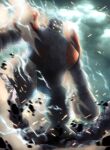  blurry cloud commentary_request electricity glowing glowing_eyes highres miyagawa_(maxggguys) no_humans outdoors pokemon pokemon_(creature) regirock rock solo standing yellow_eyes 