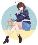  1girl ahoge black_footwear blue_eyes blue_flower blue_hoodie blue_skirt blush boots braid brown_hair closed_mouth cross-laced_footwear cup drink drinking_glass drinking_straw eyebrows_visible_through_hair flower full_body hair_between_eyes hair_flaps hood hoodie kantai_collection long_hair long_sleeves shakemi_(sake_mgmgmg) shigure_(kancolle) shigure_kai_ni_(kancolle) single_braid skirt smile solo 