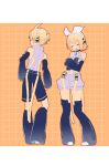  1boy 1girl bangs bare_shoulders belt black_legwear black_shorts black_sleeves blonde_hair blue_eyes bow closed_eyes clothing_cutout contrapposto crossed_arms d_futagosaikyou detached_sleeves from_behind full_body grey_shirt grid_background hair_bow hair_ornament hairclip headphones highres kagamine_len kagamine_len_(append) kagamine_rin kagamine_rin_(append) leg_warmers looking_away looking_to_the_side navel open_mouth orange_background pendant_choker shirt short_hair short_ponytail short_shorts shorts sleeveless sleeveless_shirt smile spiked_hair standing stomach_cutout swept_bangs treble_clef vocaloid vocaloid_append white_bow white_shorts 