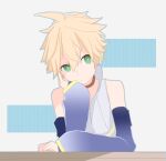  1boy arm_support bare_shoulders black_sleeves blonde_hair commentary d_futagosaikyou detached_sleeves expressionless green_eyes head_rest headphones high_collar kagamine_len kagamine_len_(append) shirt sideways_glance sitting sleeveless sleeveless_shirt solo spiked_hair upper_body vocaloid vocaloid_append white_shirt 