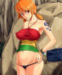  bangle bracelet breasts covered_nipples denim denim_shorts duplicate groin halter_top halterneck jewelry large_breasts log_pose nami_(one_piece) navel no_pants one_piece one_piece:_strong_world orange_hair panties partially_visible_vulva pubic_hair red_eyes shirt short_twintails shorts smile solo taono_kinoko tattoo taut_clothes taut_shirt thong twintails underwear 