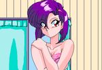  1girl 90s aliasing animahjong animahjong_v3 animated animated_gif bra breasts gif lingerie looking_at_viewer lowres miyabi_(animahjong) nakajima_atsuko nipples panties purple_hair red_eyes short_hair solo strip underwear undressing 