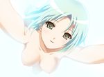  1girl 800x600 arai_ruka arms_up ars_magna blush breasts game_cg girl grey_eyes koutaro nipples nude outstretched_arms short_hair silver_hair simple_background smile solo spread_arms 