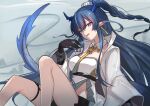  1girl arknights bangs bare_legs blue_eyes blue_hair braid breasts commentary_request feet_out_of_frame hand_up highres horns jacket ling_(arknights) long_hair long_sleeves looking_at_viewer mabing medium_breasts necktie open_clothes open_jacket parted_lips pointy_ears shirt sitting solo strapless strapless_shirt thighs very_long_hair white_jacket white_shirt wide_sleeves yellow_necktie 