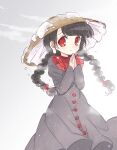  1girl ajirogasa bangs biyon black_hair braid brown_headwear dress grey_background grey_dress hat long_earlobes long_hair long_sleeves looking_at_viewer own_hands_together palms_together red_eyes smile snowing solo touhou twin_braids upper_body yatadera_narumi 