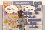  anthro canid canine canis clothing dialogue domestic_dog female fluffy fluffy_tail hoodie humor mammal scarf shampoo shampoo_bottle shiba_inu shopping solo spitz topwear wereshiba 