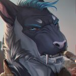  acrador anthro beard blue_eyes blue_hair canid canine canis cigar clothed clothing facial_hair fangs fur ghorah_(hexo)_khar grey_body hair hastogs icon jackal light lighting male mammal noir portrait shadow smoke smoking solo striped_body striped_fur stripes top_(disambiguation) 