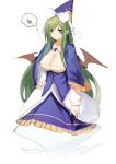  1girl :o bangs bat_wings blue_capelet blue_headwear blue_vest blush breasts brooch capelet cleavage commentary_request demon_wings floating full_body ghost_tail green_eyes green_hair hand_on_hip hat jewelry kuroko_tori large_breasts long_sleeves looking_to_the_side mima_(touhou) open_mouth puffy_sleeves shiny shiny_hair shirt sidelocks simple_background solo squiggle thought_bubble touhou touhou_(pc-98) vest white_background white_shirt wing_collar wings witch witch_hat 