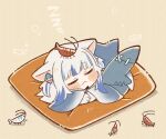  1girl :3 absurdres animal_ears animal_on_head bangs beige_background blue_hair blunt_bangs blush_stickers cat_ears chibi closed_eyes commentary fish_tail gawr_gura highres hololive hololive_english multicolored_hair on_head pillow same_anko shark_tail shrimp simple_background sleeping solo streaked_hair symbol-only_commentary tail two-tone_hair two_side_up virtual_youtuber white_hair zzz 