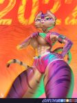  2022 abs anthro big_breasts bodily_fluids bottomwear breasts clothing felid female girok green_eyes hi_res looking_at_viewer mammal pantherine shorts solo solo_focus sport sweat tagme tail tiger wide_hips 