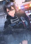  1girl absurdres aqua_eyes assault_rifle bandaid bandaid_on_face black_gloves black_hair blood blood_on_face car clenched_teeth dreadtie gloves ground_vehicle gun highres holding holding_gun holding_weapon load_bearing_vest magazine_(weapon) motor_vehicle original police_car rain rifle running short_hair signature skirt solo teeth weapon weapon_request 