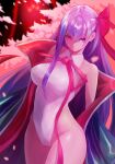  1girl arms_behind_back bb_(fate) bb_(swimsuit_mooncancer)_(fate) black_coat breasts coat commentary_request cowboy_shot fate/grand_order fate_(series) harnetyss heterochromia highleg highleg_leotard large_breasts leotard long_hair looking_at_viewer popped_collar purple_eyes purple_hair red_eyes red_ribbon ribbon solo standing white_leotard 