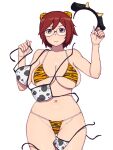  1girl animal_ears animal_print bangs bikini black-framed_eyewear bob_cut breasts brown_eyes chinese_zodiac cleavage closed_mouth commentary cow_ears cow_horns cow_print cowboy_shot fake_animal_ears fake_horns glasses groin halterneck highres horns large_breasts light_frown looking_at_viewer micro_bikini navel new_year onsen_tamago_(hs_egg) original print_bikini red_hair short_hair simple_background skindentation solo standing string_bikini swimsuit thigh_gap tiger_ears tiger_print untied untied_bikini white_background year_of_the_ox year_of_the_tiger 