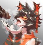  aak_(arknights) absurd_res anthro arknights big_penis black_hair blush bodily_fluids braided_hair clothed clothing collar colored_fingernails colored_nails disembodied_penis dripping erection excessive_precum fangs felid fingernails fur genital_fluids genitals hair hi_res hypergryph looking_at_genitalia looking_at_penis male male/male mammal multicolored_body multicolored_fur nails nako open_mouth penis precum precum_drip precum_in_mouth precum_on_face precum_on_hand precum_on_penis precum_on_tongue precum_string side_braid simple_background solo steam striped_body stripes studio_montagne tongue tongue_out topwear vest video_games 