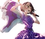  1girl bob_cut brown_eyes brown_hair dress hands_up highres holding holding_microphone hori_miona microphone nogizaka46 open_mouth purple_dress rikito1087 short_hair short_sleeves simple_background solo standing white_background 