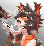  aak_(arknights) absurd_res anthro arknights big_penis black_hair blush bodily_fluids braided_hair clothed clothing collar colored_fingernails colored_nails disembodied_penis dripping excessive_precum fangs fingernails fur genital_fluids genitals hair hi_res hypergryph looking_at_genitalia looking_at_penis male male/male multicolored_body multicolored_fur nails nako open_mouth penis precum precum_drip precum_in_mouth precum_on_face precum_on_hand precum_on_penis precum_on_tongue precum_string side_braid simple_background smegma solo steam striped_body stripes studio_montagne tongue tongue_out topwear vest video_games 