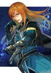  1boy belt belt_buckle blue_background buckle elbow_gloves glasses gloves green_gloves green_jacket grin hand_up hungry_clicker jacket jade_curtiss long_hair long_sleeves male_focus orange_hair red_eyes smile solo tales_of_(series) tales_of_the_abyss upper_body wind 