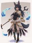  1girl animal_ears bandaged_arm bandaged_leg bandages black_hair blue_fire breasts closed_mouth covered_navel expressionless eye_of_horus fire full_body hair_between_eyes highres holding long_hair original solo standing tail wolf_ears wolf_tail yonaga 