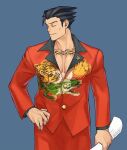  1boy ace_attorney alternate_costume artist_name black_hair black_shirt blue_background buttons chain chain_necklace chinese_commentary closed_eyes closed_mouth collarbone commentary_request cosplay cowboy_shot dated forehead furio_tigre furio_tigre_(cosplay) godzillapigeon1 gold_chain hand_on_hip highres holding holding_paper jacket large_pectorals long_sleeves male_focus nervous no_shirt pants paper pectoral_cleavage pectorals phoenix_wright phoenix_wright:_ace_attorney_-_trials_and_tribulations pin red_jacket red_pants shirt short_hair signature simple_background solo spiked_hair standing sweat 