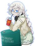  1girl absurdly_long_hair abyssal_ship alternate_costume black-framed_eyewear blue_eyes can colored_skin drinking drinking_straw drum_(container) english_text fukaiton glasses glowing glowing_eyes highres holding holding_can kantai_collection long_hair long_sleeves pale_skin solo supply_depot_princess very_long_hair white_hair white_skin 