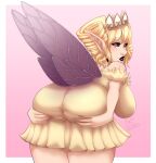  absurd_res bent_over big_breasts big_butt black_sclera blonde_hair breasts butt clothed clothing crown dress fairy female hair hi_res holding_butt insect_wings looking_back senpaimisskitty solo wings 