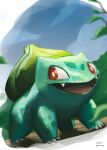  :d bright_pupils bulbasaur claws commentary_request conejologia fangs highres no_humans open_mouth pokemon pokemon_(creature) red_eyes sideways_glance smile solo standing tongue white_pupils 