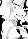  1girl absurdres blood chain collar fate/grand_order fate_(series) gesugao greyscale helmet highres jeanne_d&#039;arc_(alter)_(fate) jeanne_d&#039;arc_(fate) kidmukuro kidptdr looking_at_viewer monochrome open_mouth short_hair smile solo teeth 