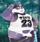 alp_(tas) anthro backwards_baseball_cap backwards_hat baseball_cap belly bottomwear bracelet clothed clothing flaccid foreskin genitals giant_panda hat headgear headwear hi_res jewelry lifewonders male mammal masshiro navel overweight partially_clothed penis ring shorts shorts_down solo thick_thighs tokyo_afterschool_summoners ursid video_games 