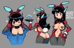  1girl :/ :d ass asta_rindo black_eyes black_hair blush_stickers breasts closed_mouth cocktail_glass cowboy_shot cropped_legs cup drinking_glass gloves grey_background grin hands_on_hips heart_maebari heart_pasties highres holding long_hair looking_at_viewer medium_breasts meme_attire multiple_views original pasties rariatto_(ganguri) red_gloves reverse_bunnysuit reverse_outfit simple_background smile thigh_gap tray 